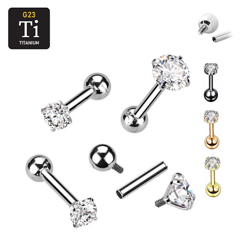 Tragus / helix Barbell i titanium invändigt gängad med prong-set klar cubic zirconia