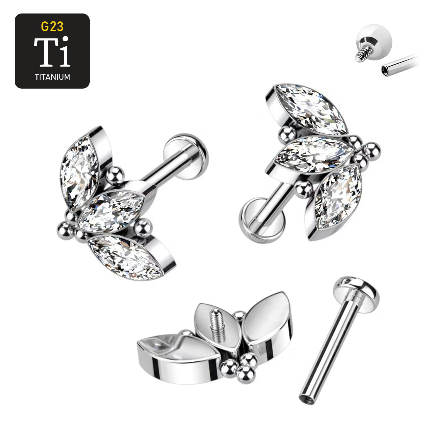 Labret i titanium 1.2mm - 3st navettslipade cubic zirconia och bollkluster