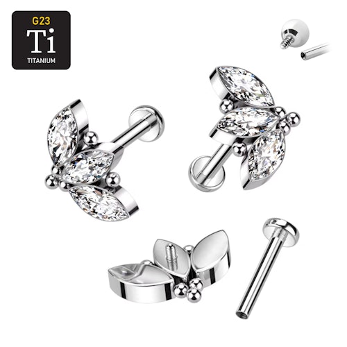 Labret i titanium 1.2mm - 3st navettslipade cubic zirconia och bollkluster
