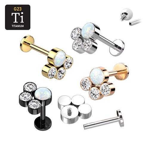 Labret i titanium 1.2mm - Topp med 3st runda cubic zirconia och 1st opal