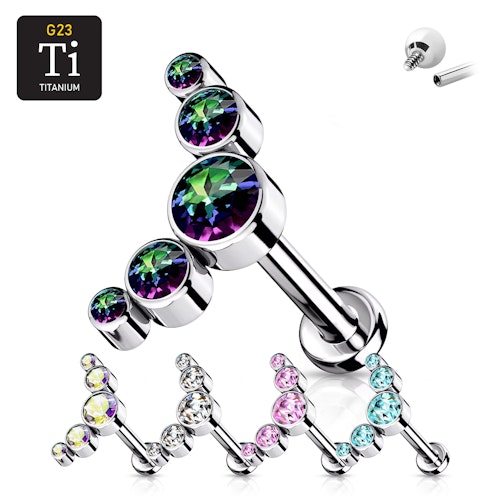 Labret i titanium 1.2mm - Böjd topp med 5st runda cubic zirconia