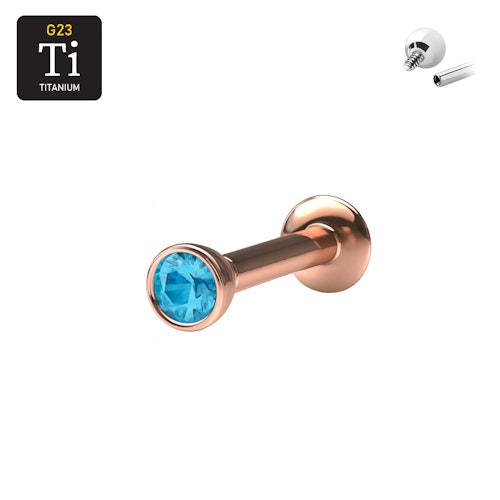 Labret i titanium 1.6mm - PVD roséguld med 3mm aqua CZ