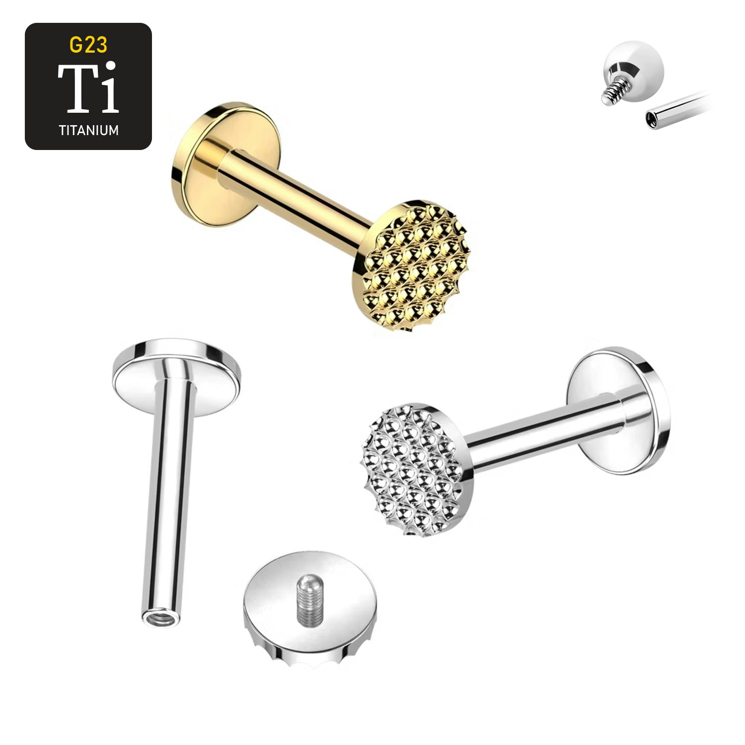 Labret i titanium 1.2mm - Rund topp med gropar