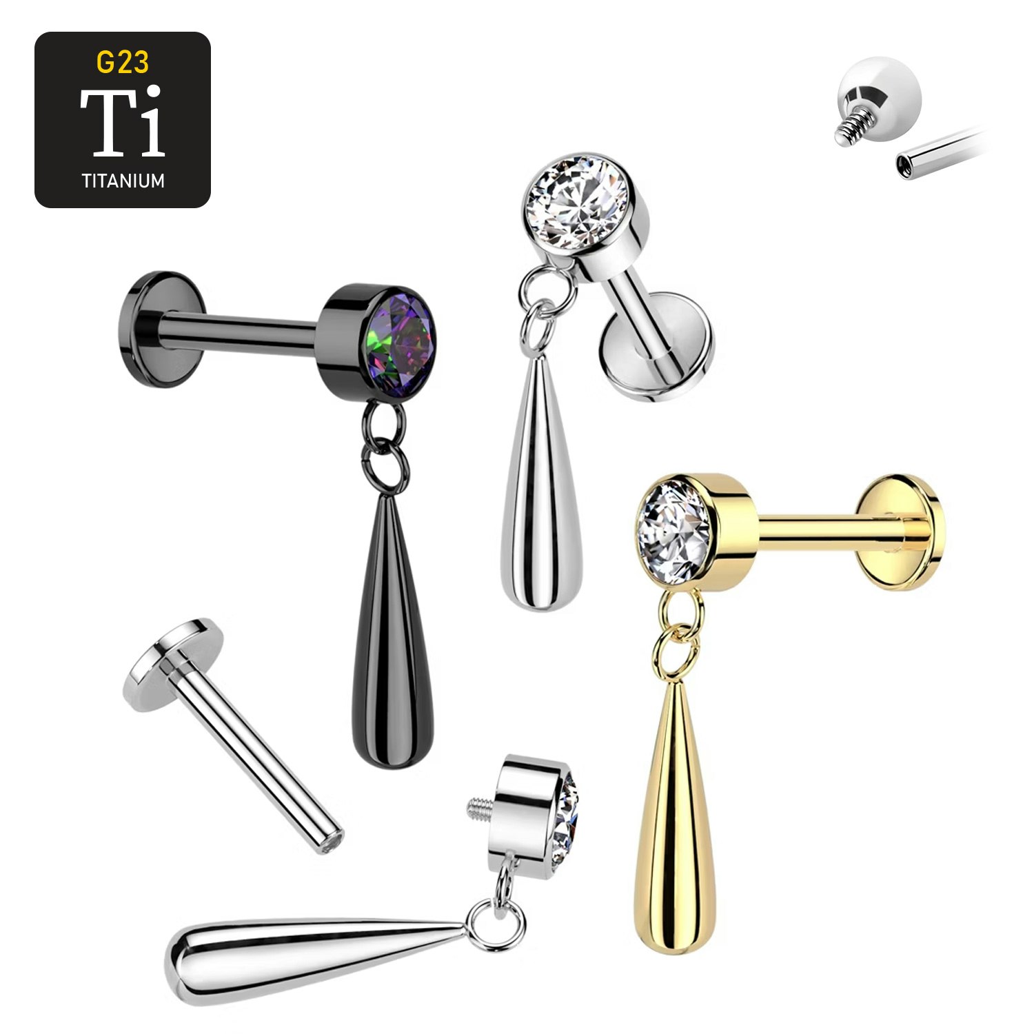 Labret i titanium 1.2mm - Rund CZ och droppformat hänge