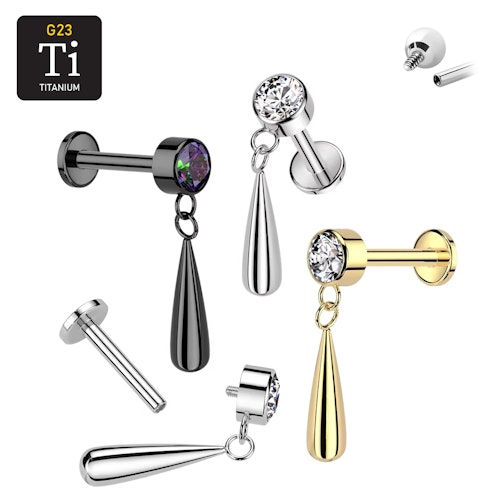 Labret i titanium 1.2mm - Rund CZ och droppformat hänge