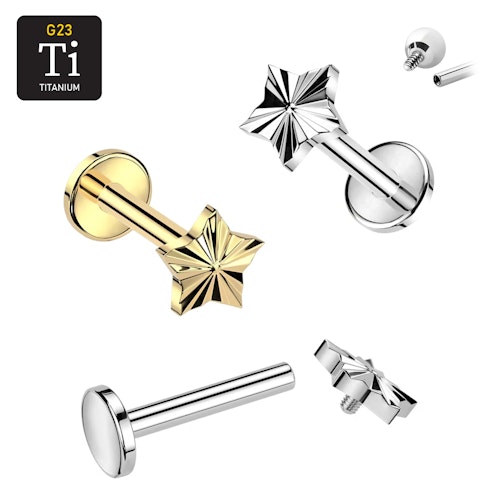 Labret i titanium 1.2mm - Diamantpräglad stjärna