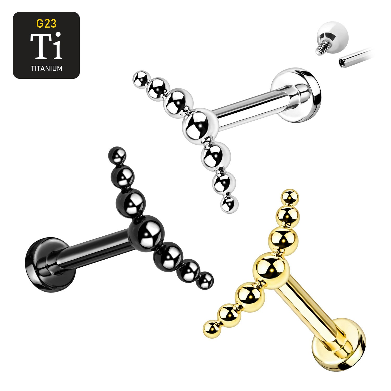 Labret i titanium 1.2mm - Kurvat / böjt bollkluster med 7 kulor