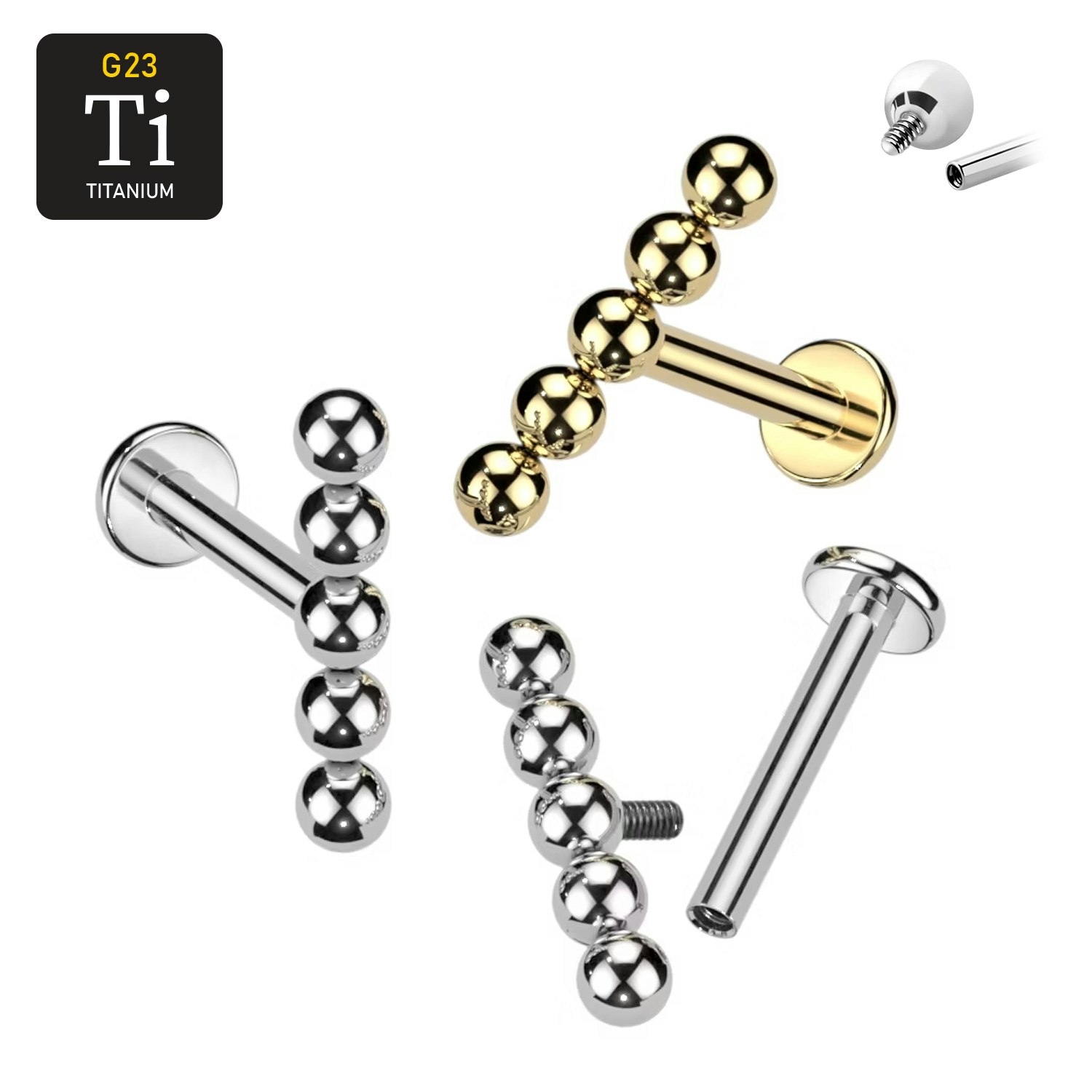 Labret i titanium 1.2mm - Rak bollkluster med 5 kulor