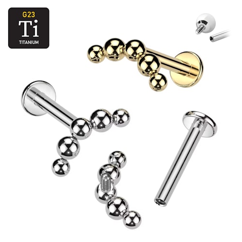Labret i titanium 1.2mm - Kurvat / böjt bollkluster med 5 kulor