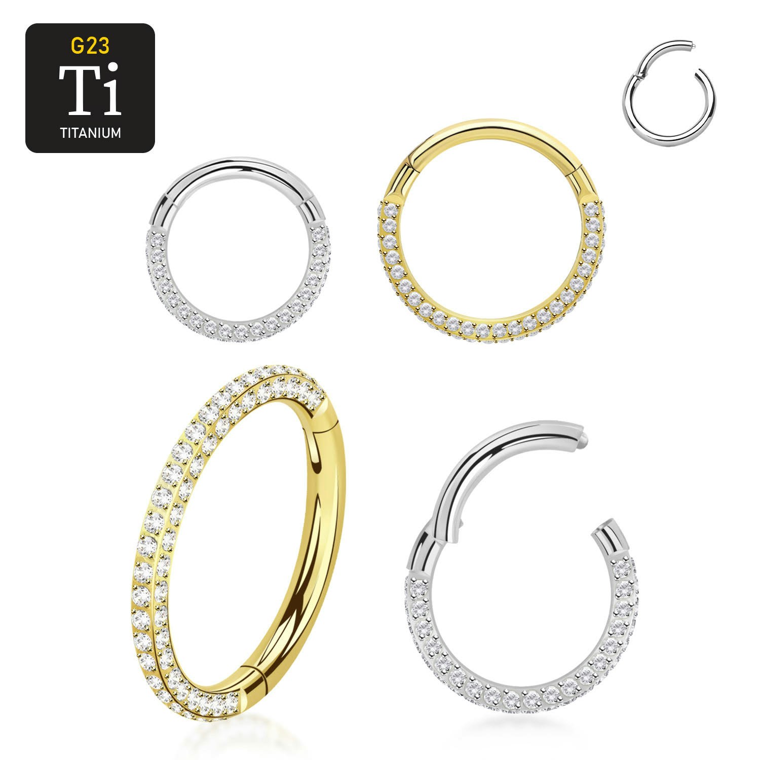 Segmentring i titanium med gångjärn och trippel rad klar cubic zirconia