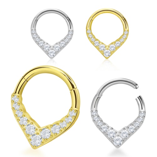 Chevron droppformad clicker i kirurgiskt stål med klar cubic zirconia