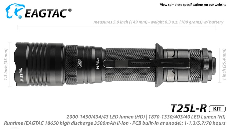 EAGTAC T25LR XHP-35, USB Rechargeable, HD 2000 Lumen Flashlight KIT