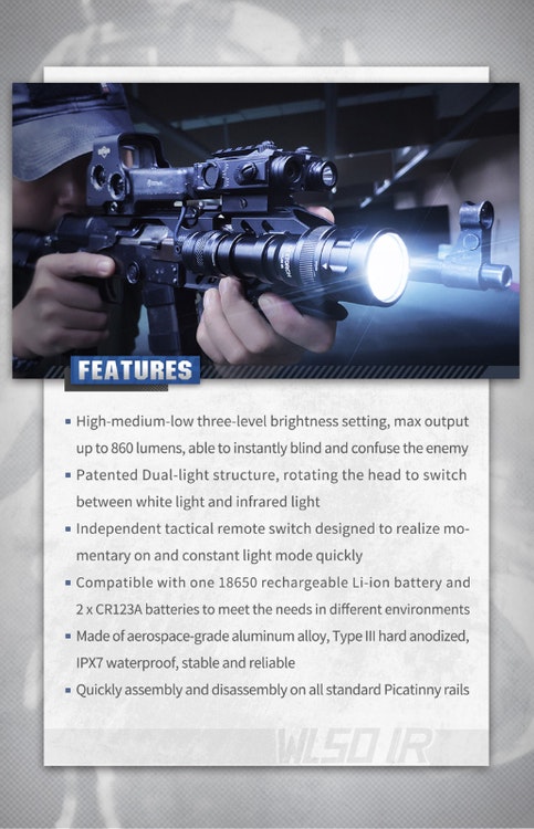 NEXTORCH WL50 IR Weapon Flashlight - Vapenlampa 860LM