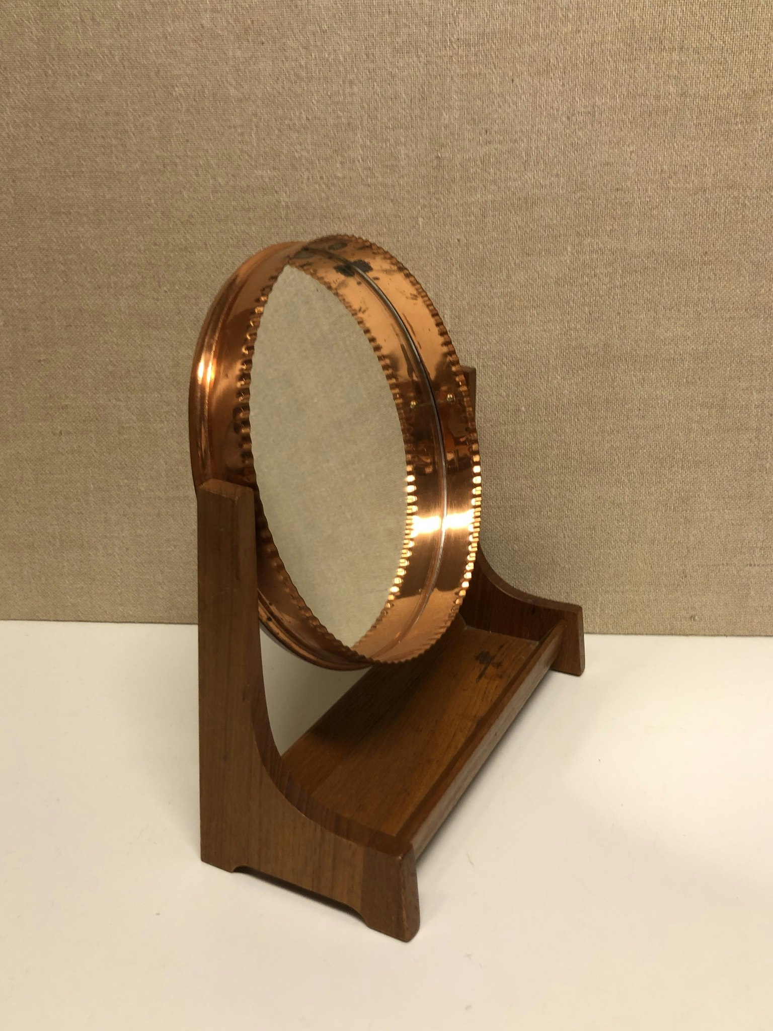 TABLE MIRROR, teak, copper, 1960s.