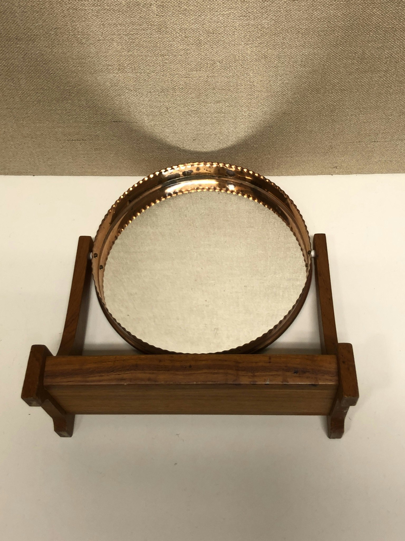 TABLE MIRROR, teak, copper, 1960s.