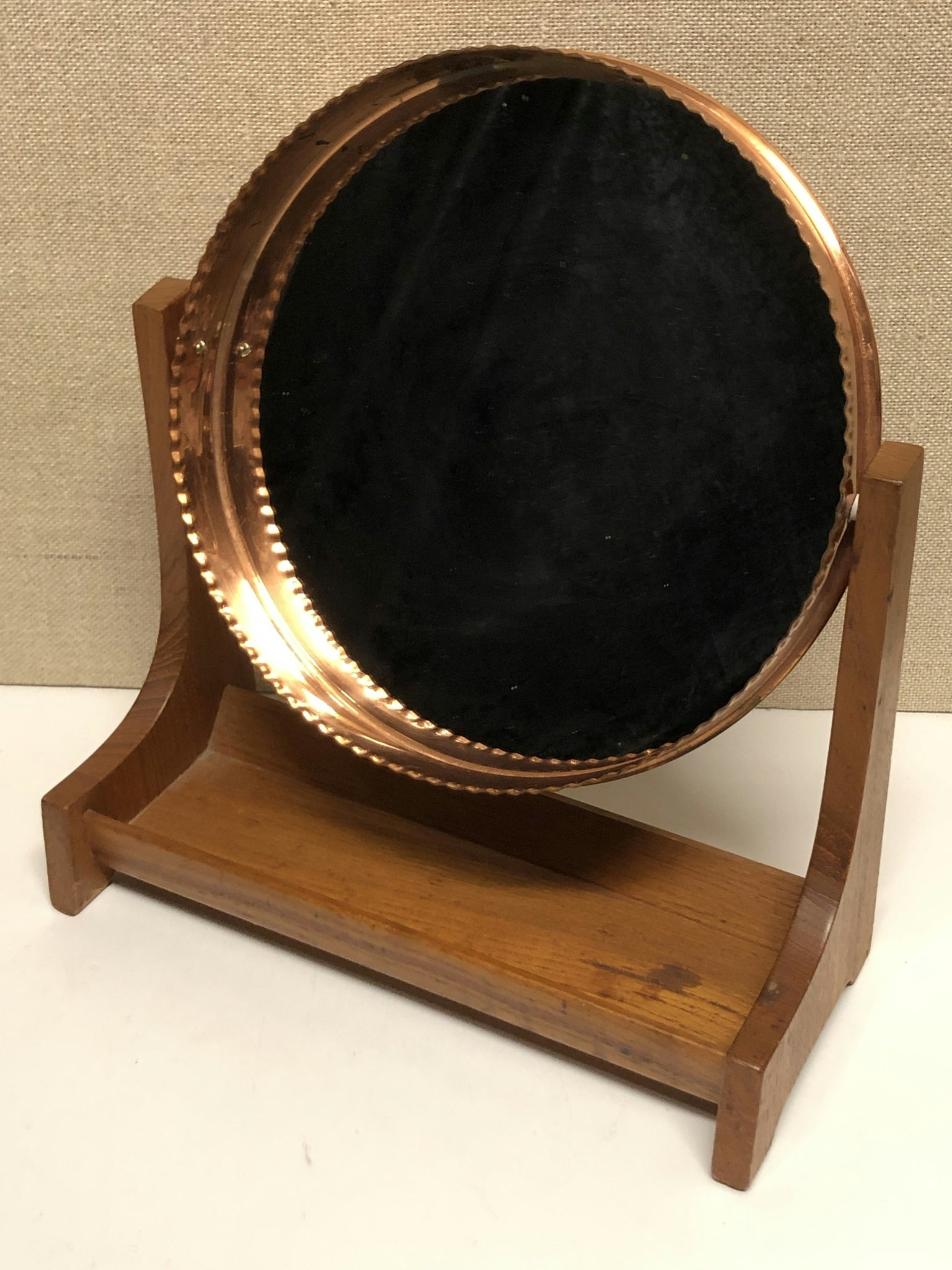 TABLE MIRROR, teak, copper, 1960s.