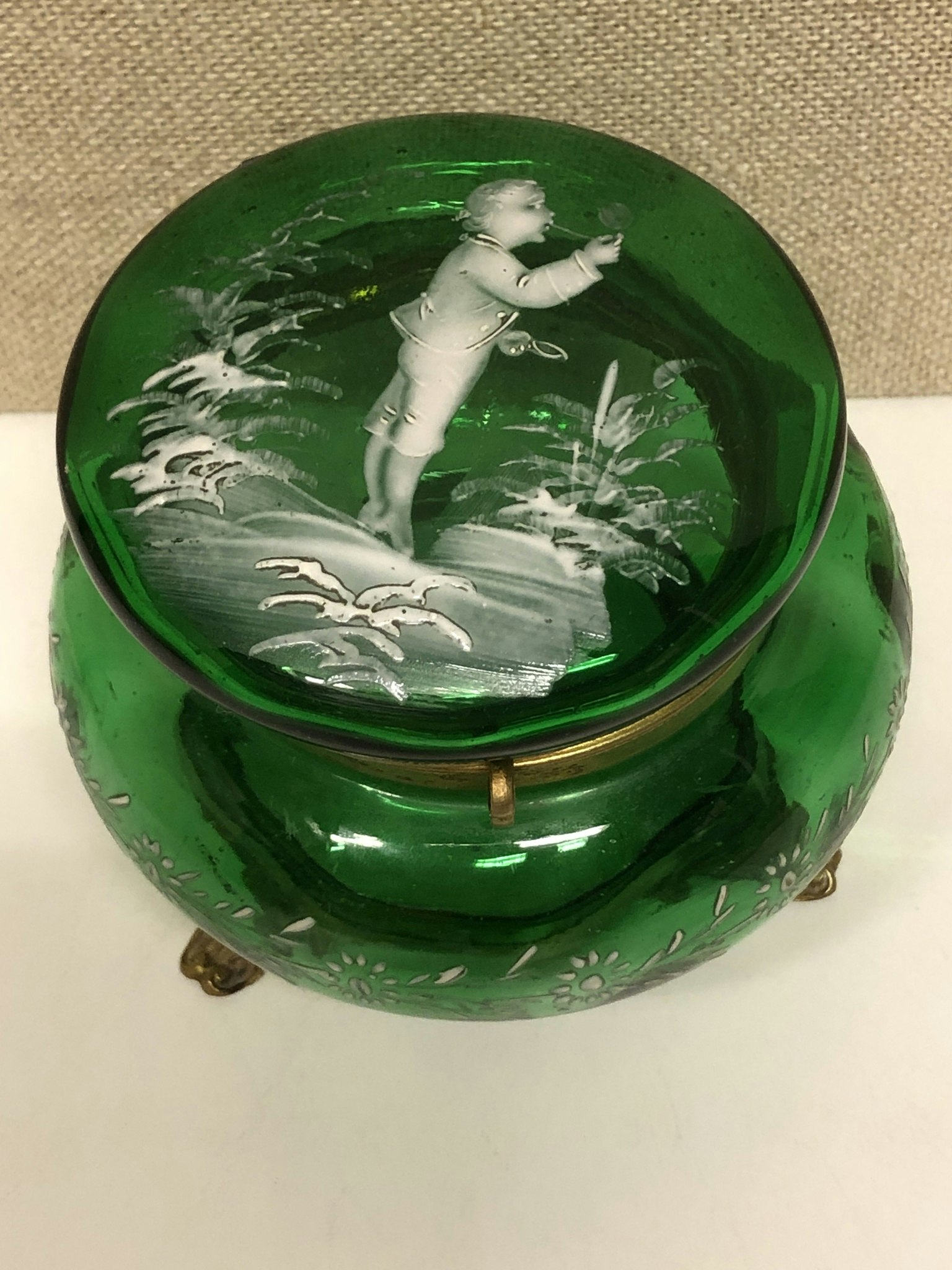 ASK, glass/brass, Mary Gregory style, early 20th century.