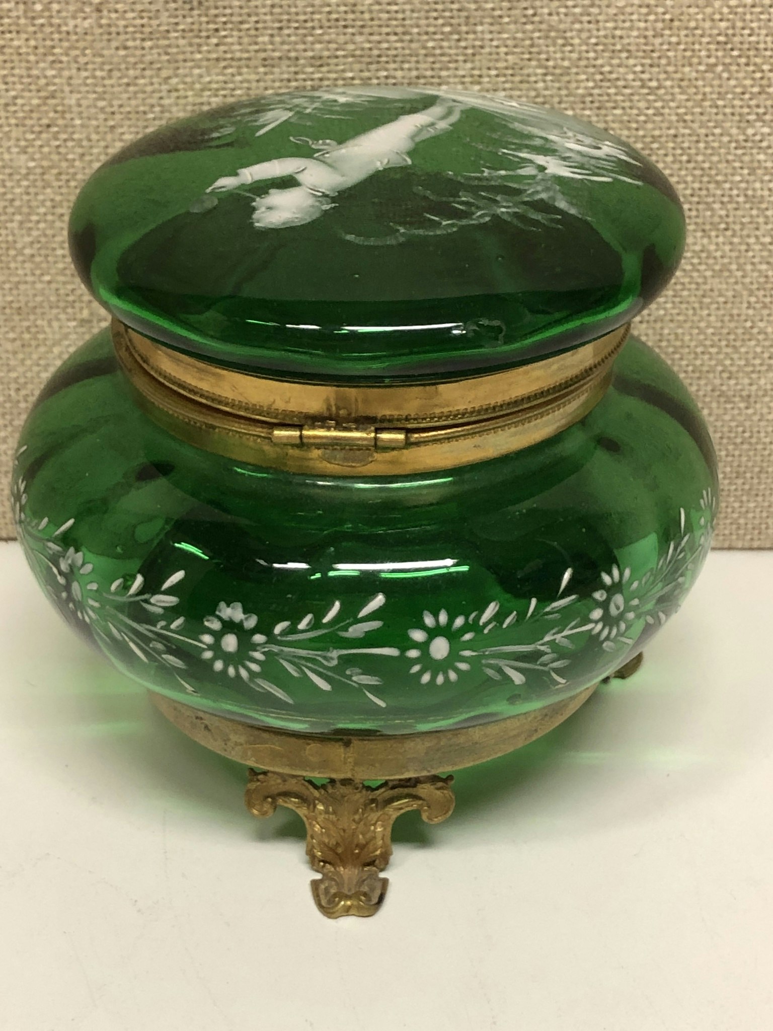 ASK, glass/brass, Mary Gregory style, early 20th century.