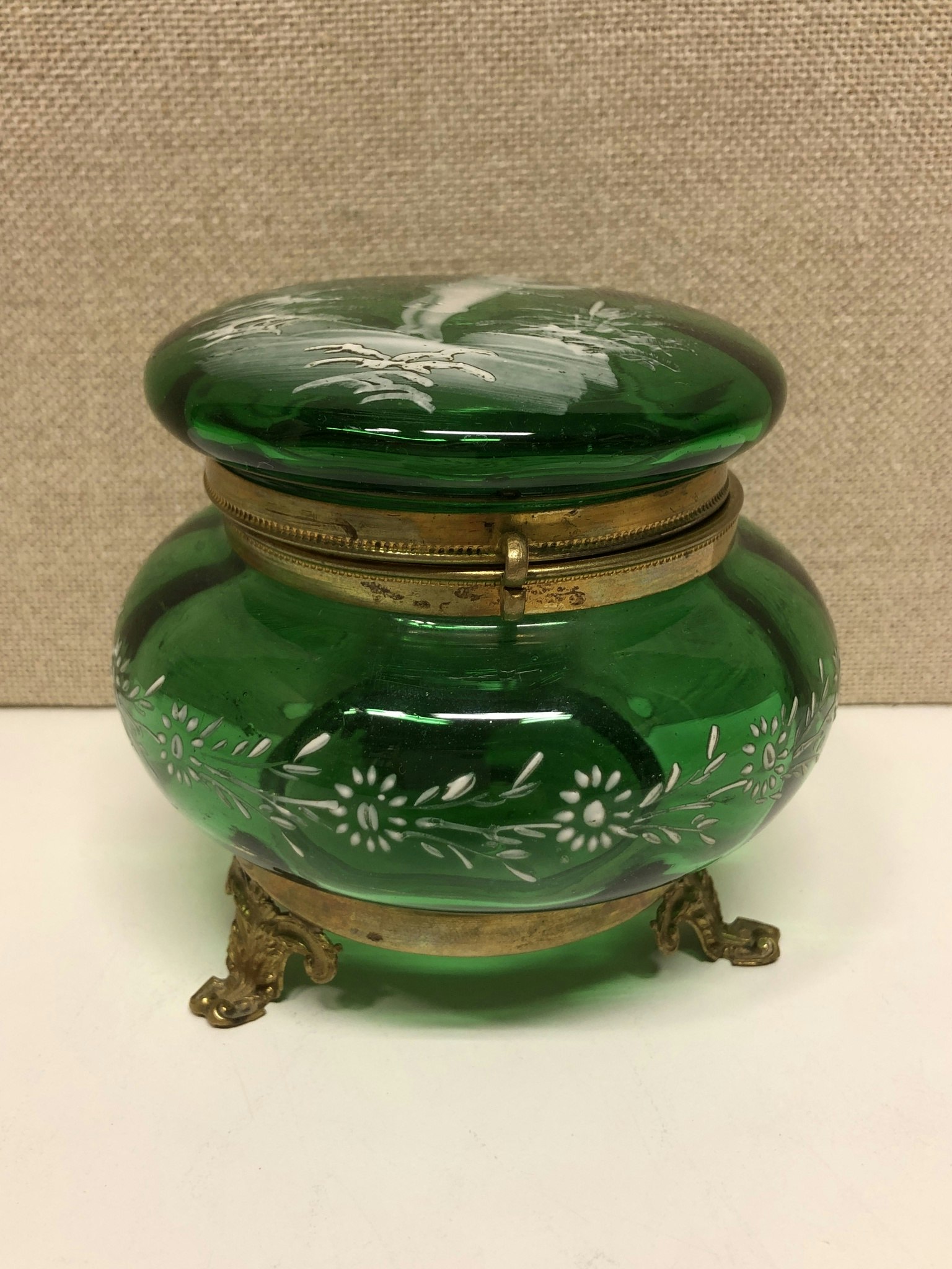ASK, glass/brass, Mary Gregory style, early 20th century.