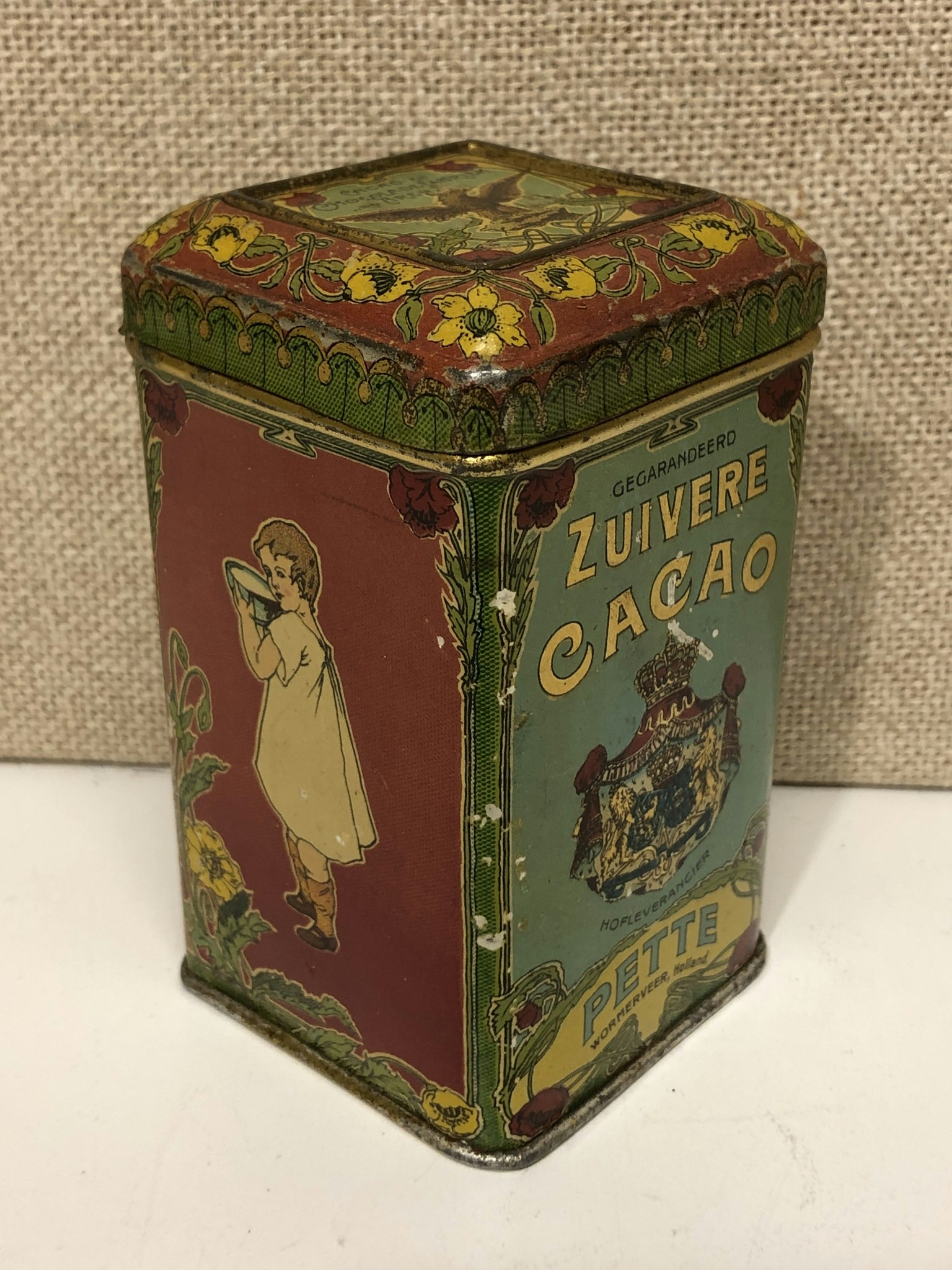 BURK, plåt, Zuivere Cacao, Pette Holland, Hofleverancier, 1900-talets början.