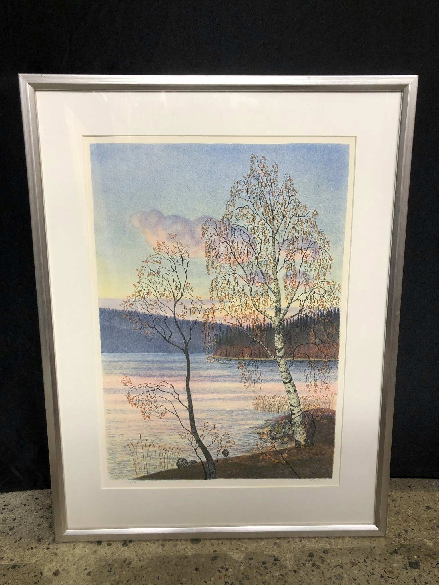 PER JULIUS. Lake landscape, color lithograph, signed and numbered 258/360.