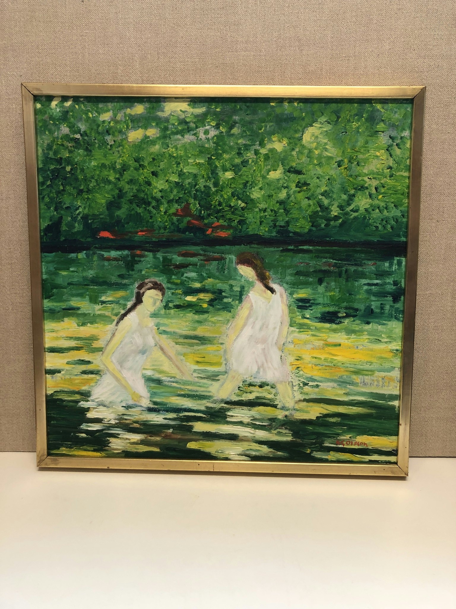 K.G. OLSSON. Olja på duk, " Badande 1917", signerad.