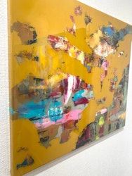 "Border on Yellow" av Crisis, Akryl & Resin på duk, 70x60cm