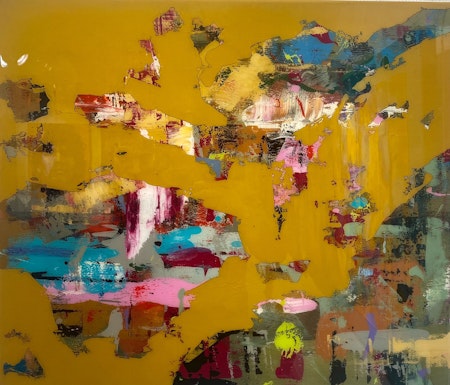 "Border on Yellow" av Crisis, Akryl & Resin på duk, 70x60cm
