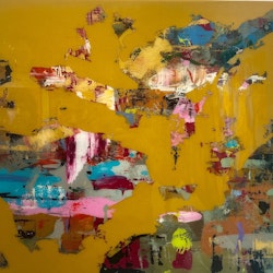 "Border on Yellow" av Crisis, Akryl & Resin på duk, 70x60cm
