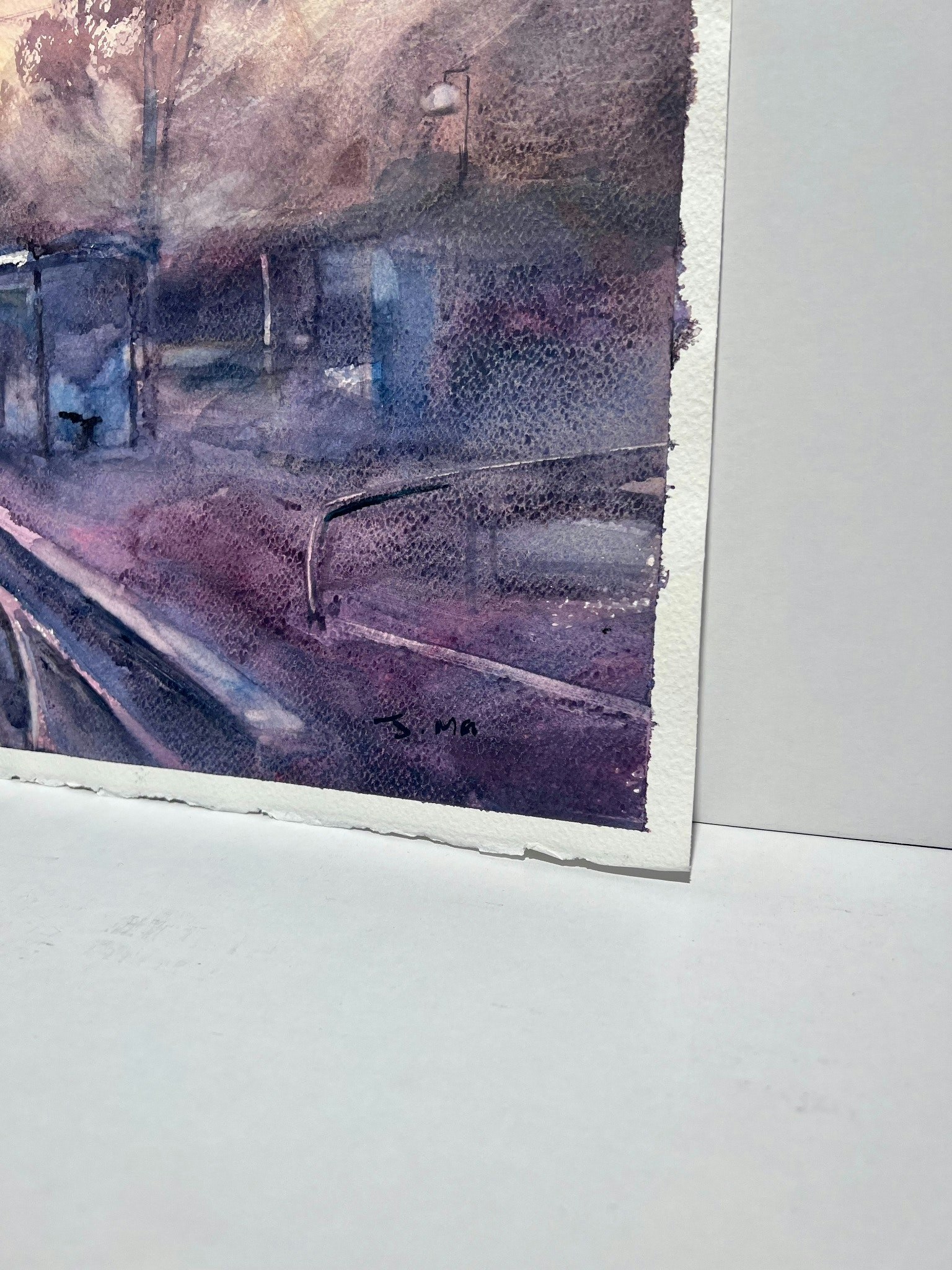 "The Tram Stop" av John Ma, Akvarell 56x38 cm
