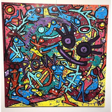 "Things that makes you go POW" av Vhilo H. Persson. Akryl på duk 100x100 cm