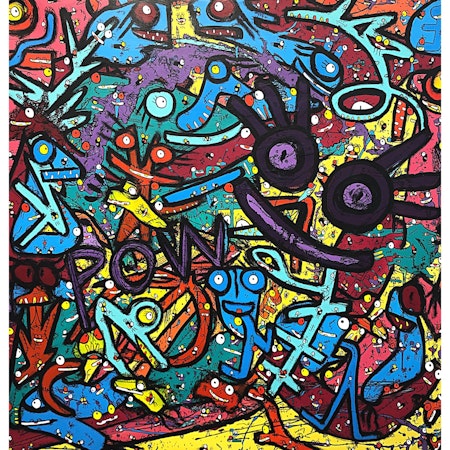 "Things that makes you go POW" av Vhilo H. Persson. Akryl på duk 100x100 cm