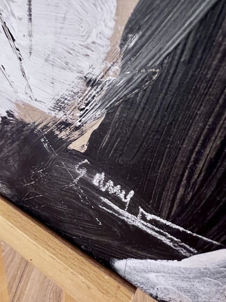 "Leonard Cohen" av Derek Garubo,  Blandteknik på duk. 65x90cm