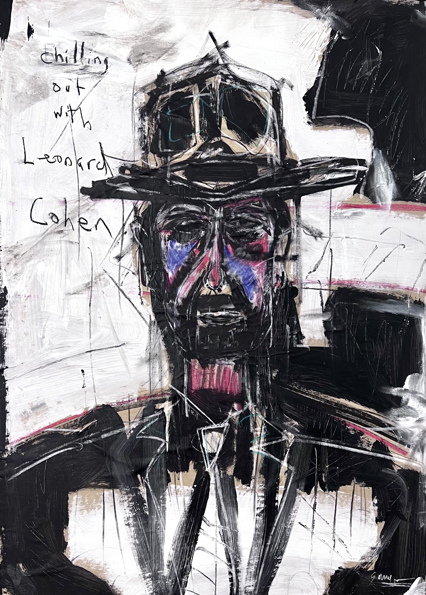 "Leonard Cohen" av Derek Garubo,  Blandteknik på duk. 65x90cm