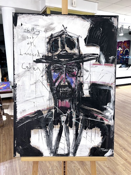 "Leonard Cohen" av Derek Garubo,  Blandteknik på duk. 65x90cm