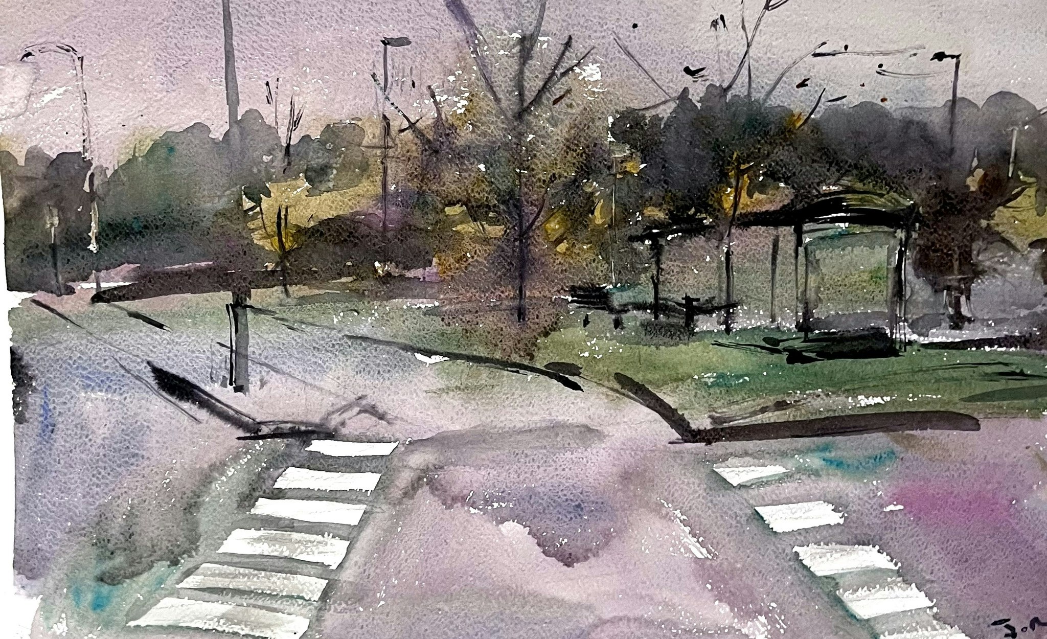 "Crossing the road in my new hometown" Akvarell av John Ma. 56x38 cm