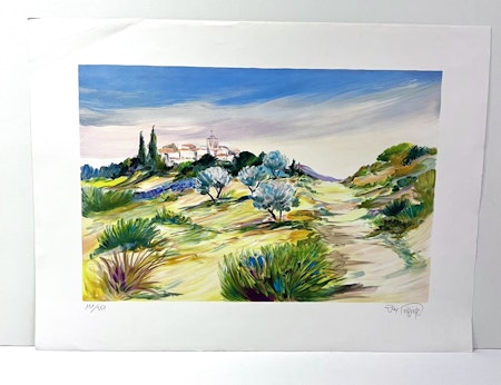 "By i Italien" Litografi av Ray Poirer. 77x56,5 cm