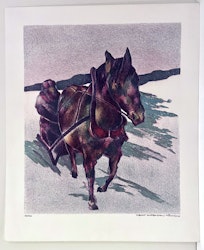 "Hästsläden" Litografi av Bengt Andersson Råssbyn. 63x52 cm