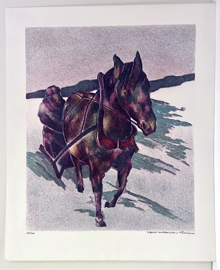 "Hästsläden" Litografi av Bengt Andersson Råssbyn. 63x52 cm