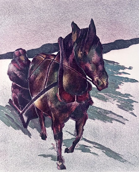 "Hästsläden" Litografi av Bengt Andersson Råssbyn. 63x52 cm