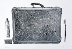 "Packad & Klar" Svartvitt litografi av Jan Dahlqvist. 56,5x41,5 cm
