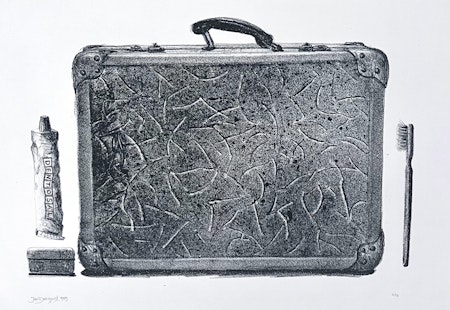 "Packad & Klar" Svartvitt litografi av Jan Dahlqvist. 56,5x41,5 cm