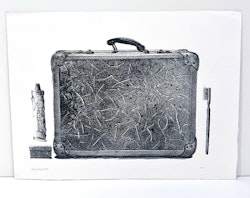 "Packad & Klar" Svartvitt litografi av Jan Dahlqvist. 56,5x41,5 cm