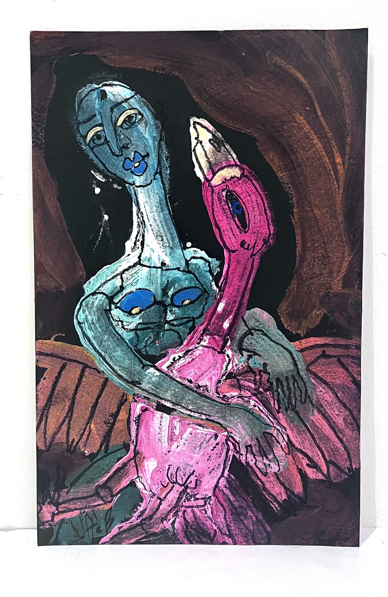"Kvinna och hennes fågel" av Uffe B, Akvarell på papper, 16x25 cm