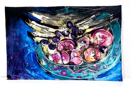 "Fruktskål IV" av Uffe B, Akvarell på papper, 50x32 cm