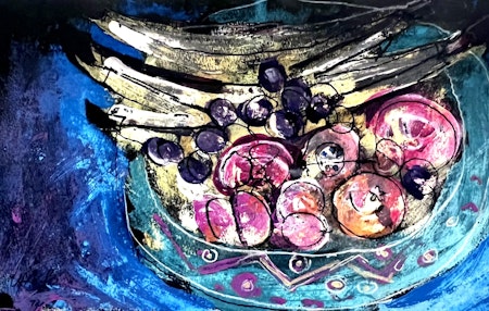 "Fruktskål IV" av Uffe B, Akvarell på papper, 50x32 cm