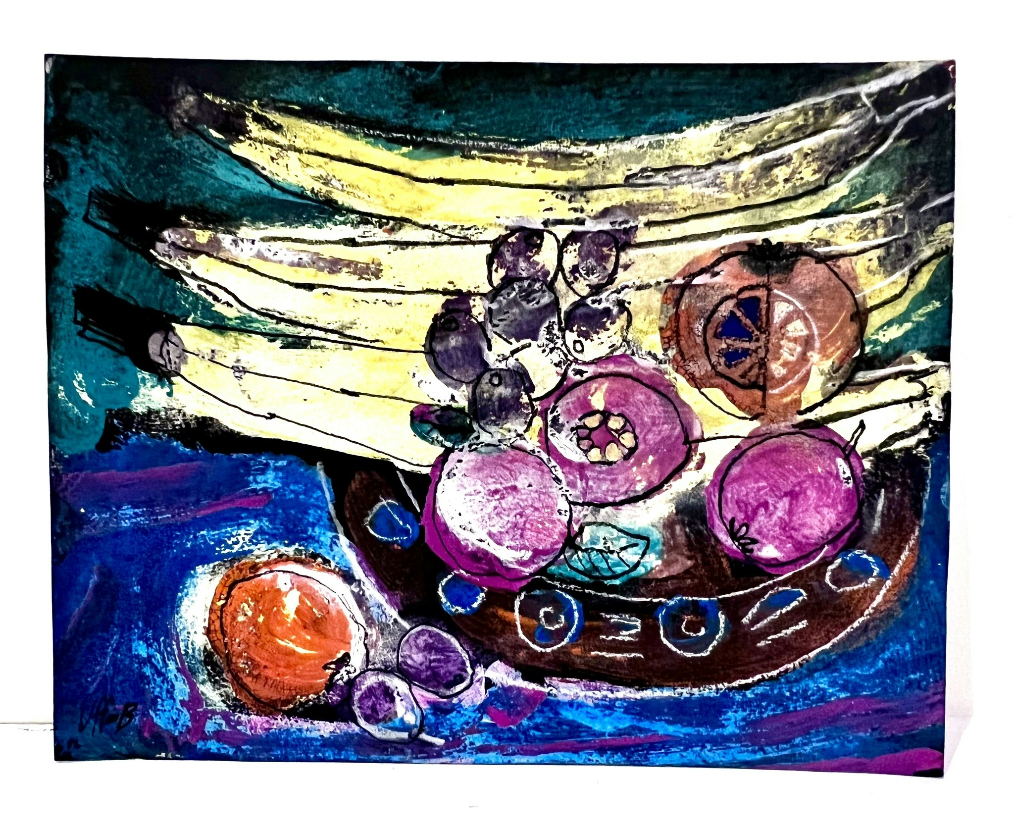 "Fruktskål V" av Uffe B, Akvarell på papper, 25,5x32 cm