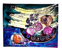 "Fruktskål V" av Uffe B, Akvarell på papper, 25,5x32 cm