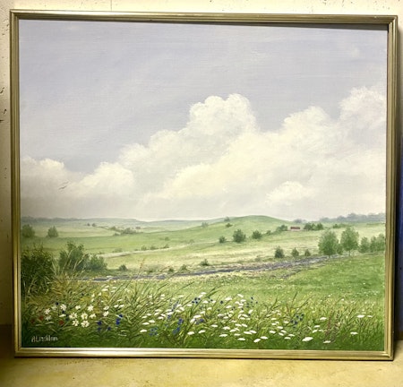 "Böljande Landskap" Olja på duk av Arnold Lindblom. 104x95 cm