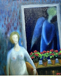 "Ängeln i fönstret" Olja på duk av Stefan W. Igelström. 48x56cm